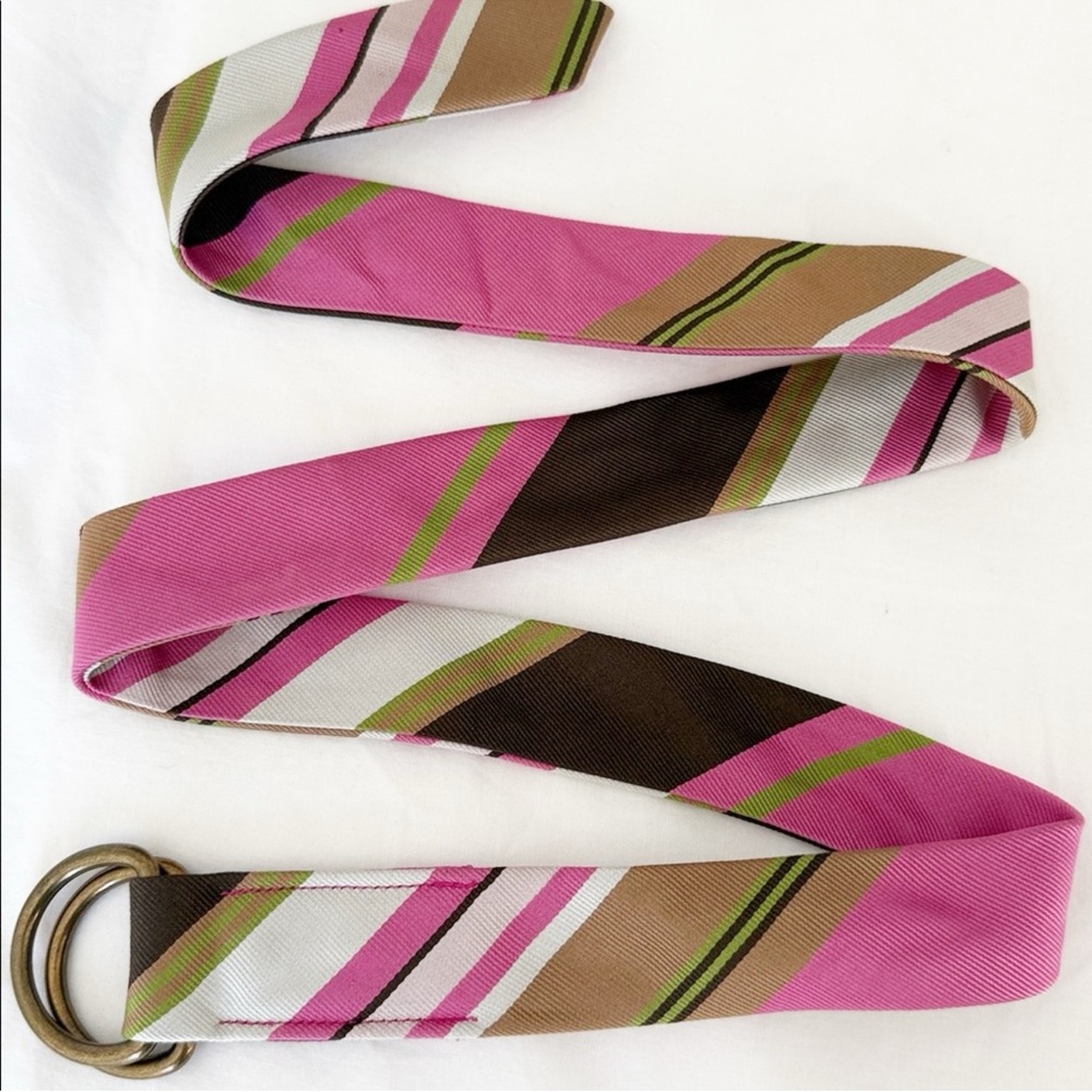 J Crew Silk Belt D Rings Pink Brown Diagonal Stripe S/M Small Medium